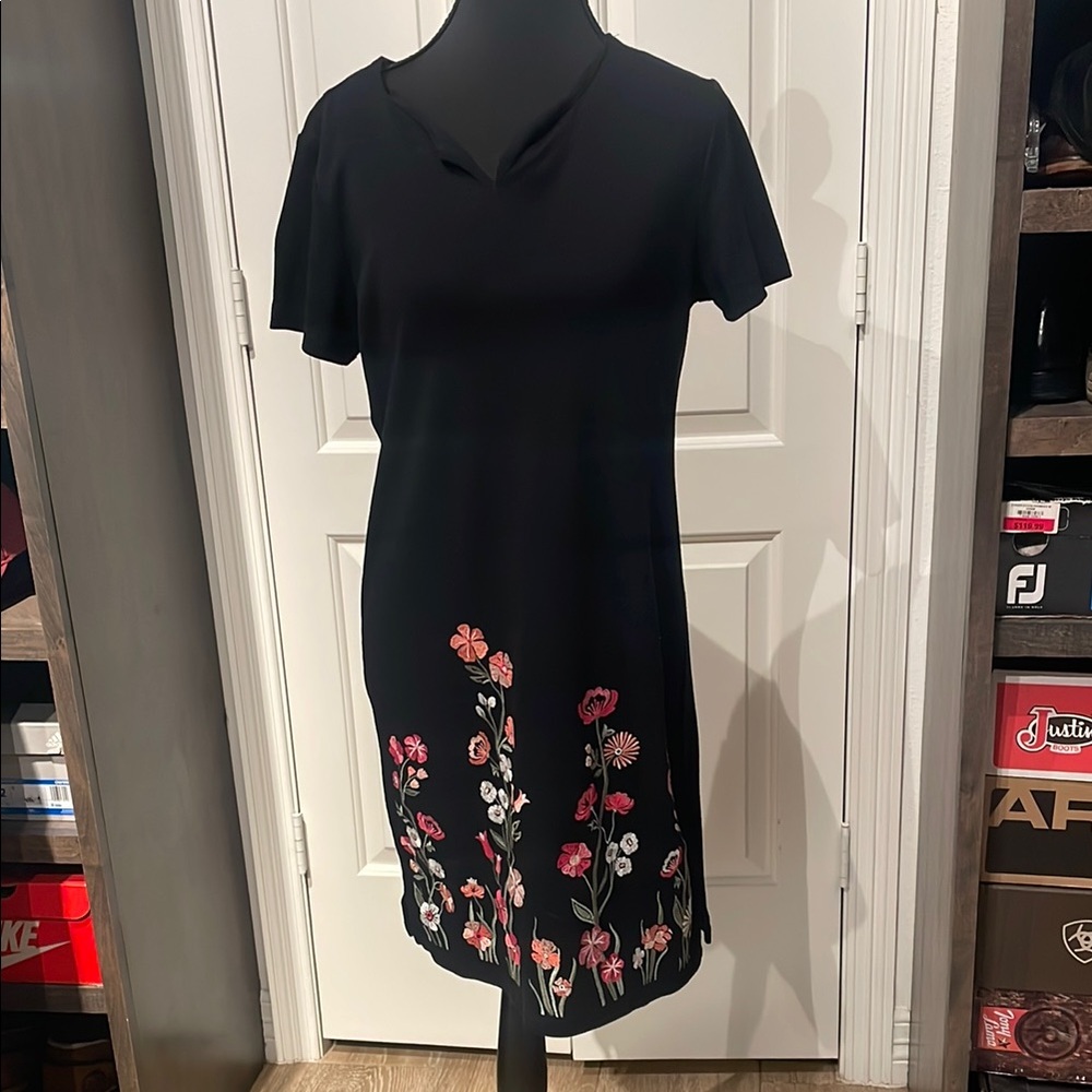 Karen Scott Black Mini Dress with Pink Floral Design (C)